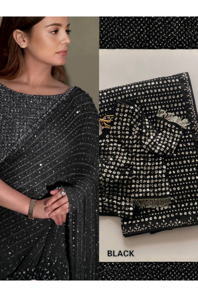 MYSMAR Black Faux Georgette Saree - HRT5450 | Black