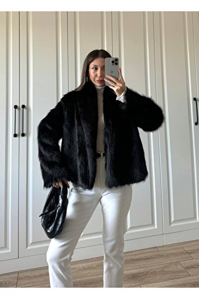 LİNDALİNA TEKSTİL Women's Long Collar Lined Unlined Fur Coat