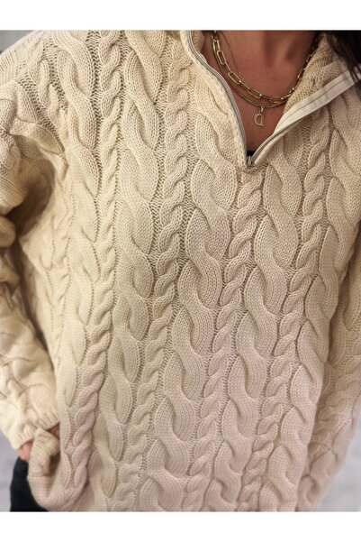 Selin Yakası Fermuarlı Saç Örgü Kazak