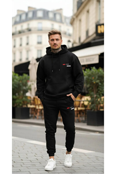 ALCİNOUS Unisex PARIS Printed Hooded Bottom-Top Set Cotton Tracksuit Set