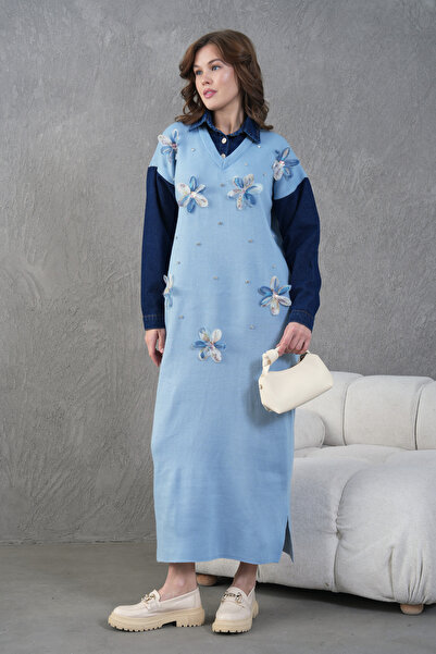 Miss Allos Γυναικεία μανίκια τζιν με λεπτομέρεια μπροστινό τούλι λουλούδι και πέτρα κεντημένο με φαρδιά εφαρμογή μακρύ πλεκτό φόρεμα