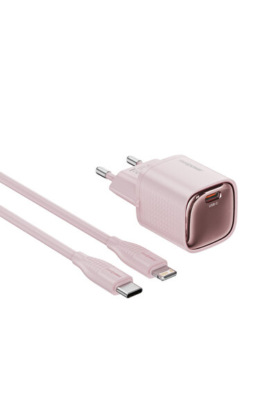 realpower GaN 20W USB-C hızlı şarj cihazı ve kablo set pembe PD (USB-C - Ligh...