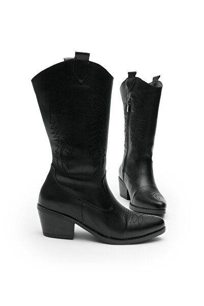 Tonny Black Women's Black Leather Thermo Sole Embroidered Zippered Heeled Western Cowboy Boots