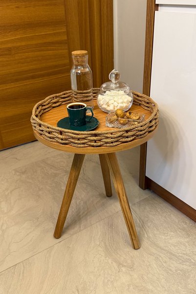 Monchi Yuvarlak Yan Sehpa, Ahşap Ayaklı Tekli Zigon Sehpa, Tasarım Sehpa