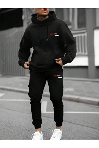 ALCİNOUS Unisex PARIS Printed Hooded Bottom-Top Set Cotton Tracksuit Set