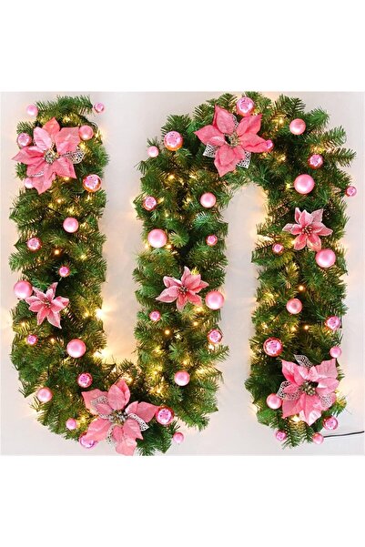 Kardett Ghirlandă cu lumini LED de Crăciun, 270 cm roz - crengi dense de brad, flori și globuri, decor