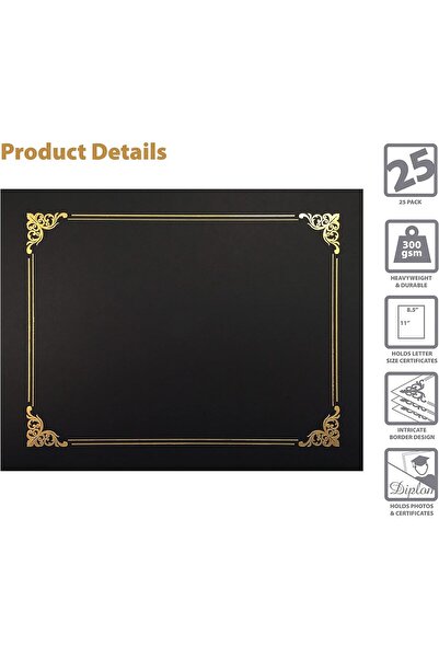 Generic Certificate & Diploma Holders, Letter Size, Gold-Foil Trim, 25-Pack, Black