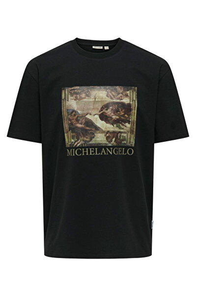 ONLY Erkek Lisansli Michelangelo Adem'in Yaratilisi Tablosu Baskili Tisört