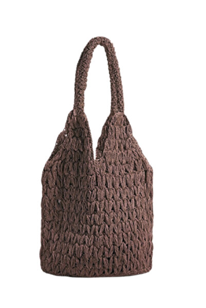 TOM SHOP Acı Kahve El Yapımı Kağıt Ip Örgü Günlük Omuz Çantası - Delikli Torb...