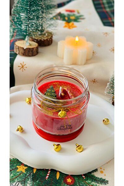 MYELFA Yılbaşı Hediyesi Dekoratif Konseptli Kavanozda Yeni Yıl Süslemeli Soya Mum Kırmızı