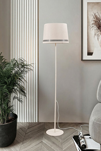 Marrien Cora Krem Metal Tek Ayaklı Lambader - Luxury Desenli Başlık 145cm Modern Salon ve Köşe Lambası