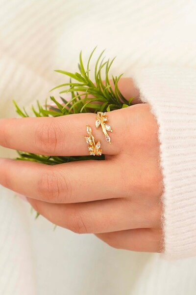 TREND COLLECTİON Gold Çift Yaprak Taşlı Açık Model Kadın Yüzük - Ayarlanabilir