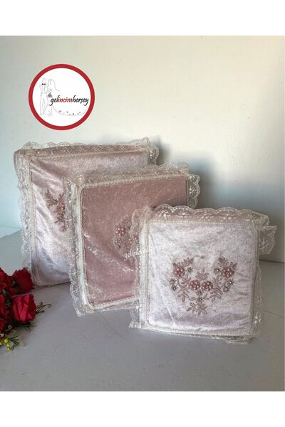 Gelincimherşey 3'lü Nişan Çeyiz Bohçası İçin Dantelli Kadife Hurç
