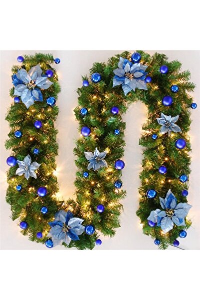 Kardett Ghirlandă de Crăciun cu LED-uri de 2,7 m, 220 de crengi dense, flori și globuri, albastră