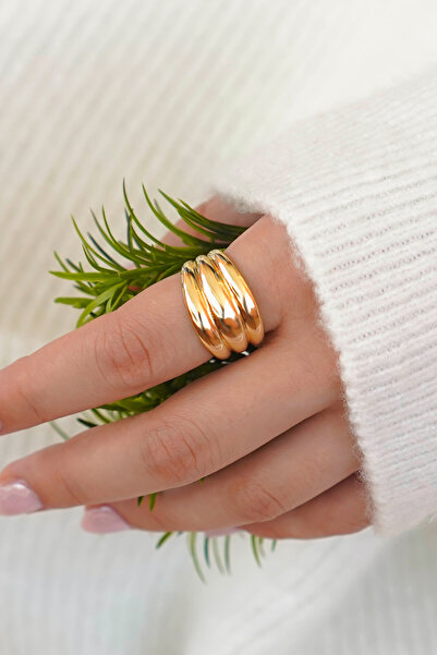 TREND COLLECTİON Gold Üç Sıra Kalın Bombeli Kadın Yüzük - Ayarlanabilir