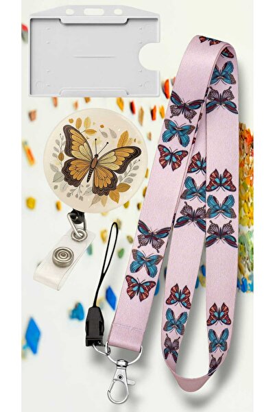 chic crazze Kelebek Desenli 3 lü Set Boyun Askı İpi Kartlık ve Yoyo Aksesuar