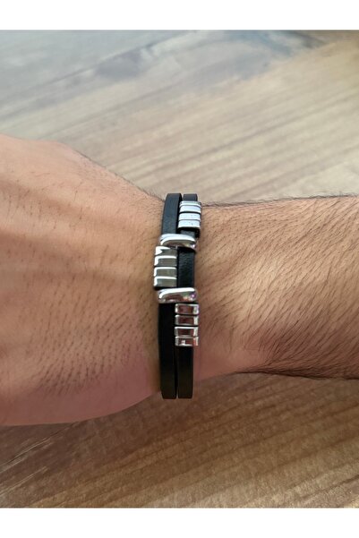 Blotch Modern and Stylish Men's Leather Steel Detail Bracelet Father's Day