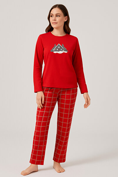 Lena Homewears New Year's Red House Patterned Women's Pajama Set with Underwear