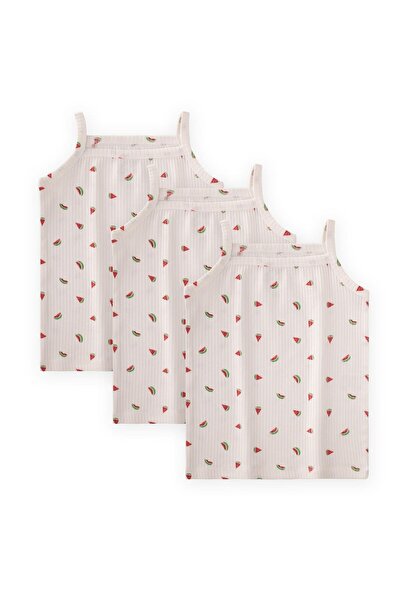Cigit Girl's Tank Top with String Straps Triple Ecru Watermelon Pattern