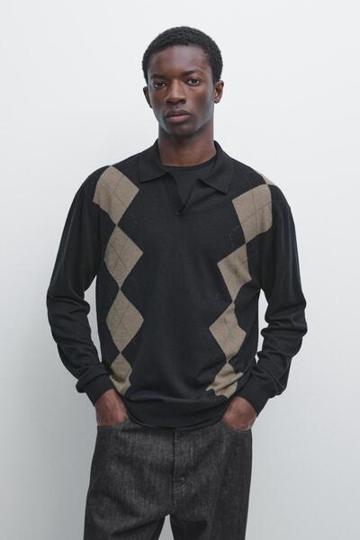 Massimo Dutti Yün karışımlı Argyle triko polo yaka kazak