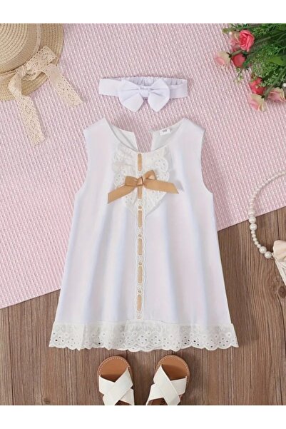 Superbaby Elegant white dress for little girls and matching headband