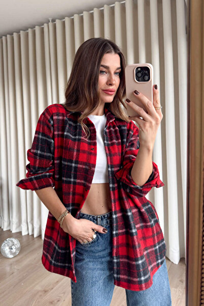 Sue Store Red Black Plaid Oversized Lumberjack Shirt
