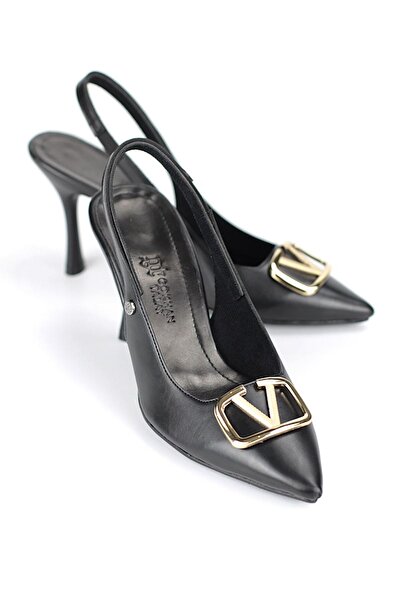 Gökhan Talay Hilda Flexible Soft Non-Slip Sole (8 cm) Black Skin Open Elastic V Buckle Women's Heels