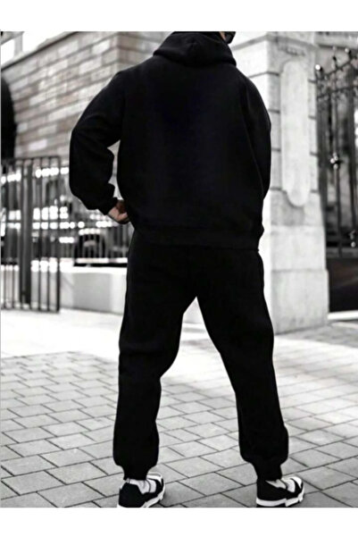 ALCİNOUS Basketball Printed Oversize Hooded Hoodie Black Tracksuit Set