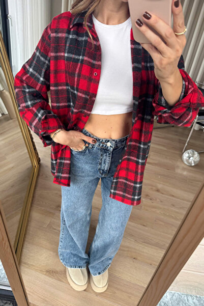 Sue Store Red Black Plaid Oversized Lumberjack Shirt