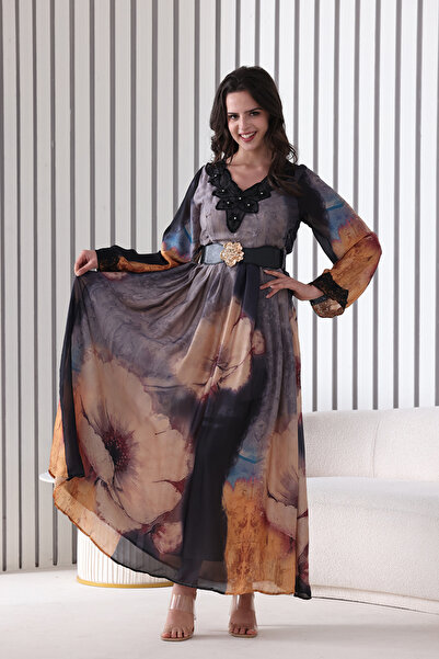 Verona Trading Company Silk maxi dress with a large pink print and artistic touches, featuring a decorative collar and embellished belt.