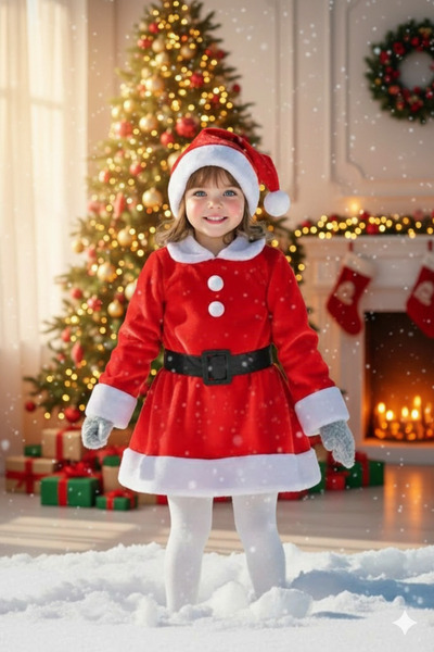 Parti Kırtasiye Kız Çocuk Kırmızı Noel Elbisesi Santa Temalı Kışlık Sıcak Yıl...