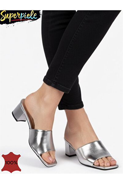 ANGEL BLUE Women's leather gold heeled slippers with chunky heel and square toe -3 colors