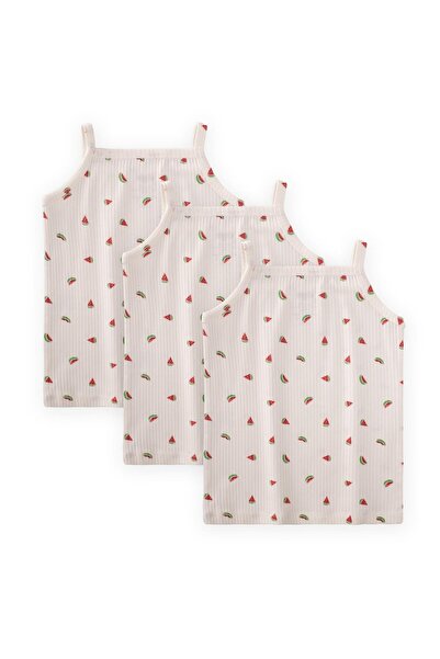 Cigit Girl's Tank Top with String Straps Triple Ecru Watermelon Pattern
