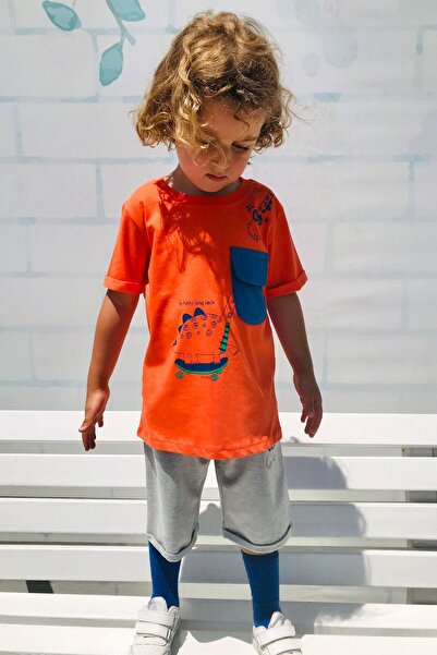 Breeze Boy's Shorts Set Skateboarder Dinosaur Printed Pocket Part Cover Detailed 2-6 Years Old, Tile