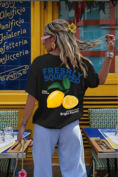 New Shine تي شيرت كبير الحجم مطبوع عليه ليمون