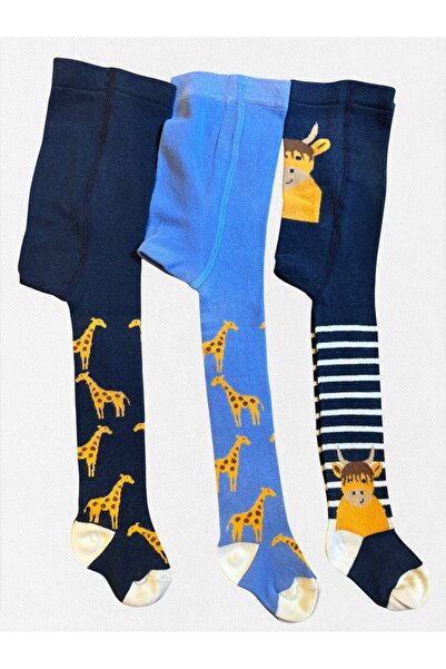Fil Kids Boy's Pantyhose Cotton Washed Fabric Navy Blue Giraffe Patterned