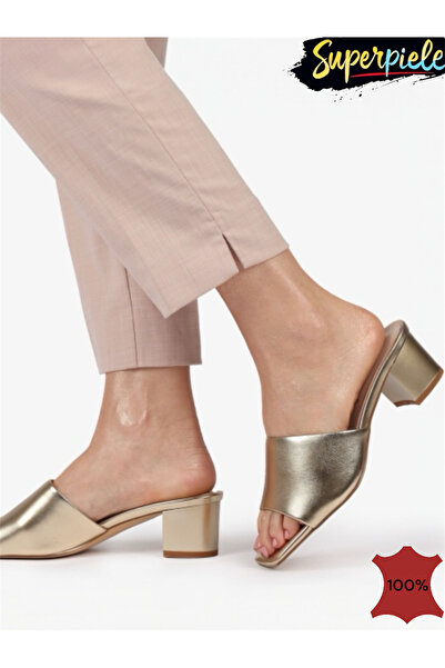 ANGEL BLUE Women's leather gold heeled slippers with chunky heel and square toe -3 colors