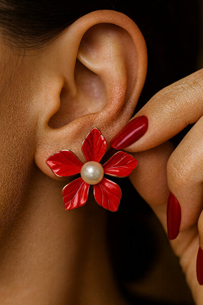 MODA ✨ Vintage Kırmızı Çiçek Detaylı İnci Küpe – Elegance Koleksiyon