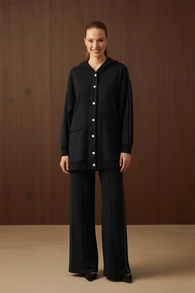 Puane Taş İşlemeli Kapüşonlu Spor Şık Oversize Takım -14409TKS - BLACK