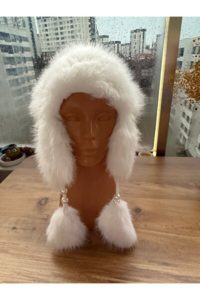 Blotch Women's Cold-Protecting Lined Beanie with Pearl Detail and White Plush Pompom