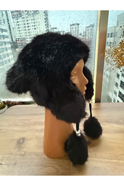 Blotch Women's Cold-Protecting Lined Black Plush Pom-Pom Beanie with Pearl Detail and Ear Coverage
