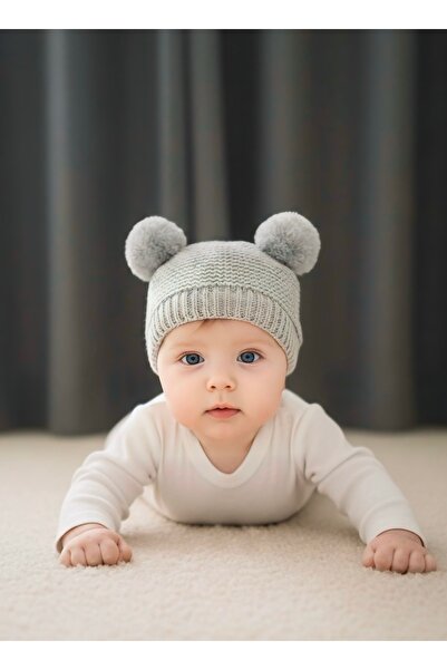 Butik Açık Gri 0-3 Yaş Çift Ponponlu Kışlık Triko Bebek Bere – Ultra Yumuşak,...
