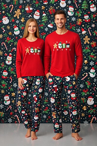 TOSKI Christmas couple pajamas, snowman, red