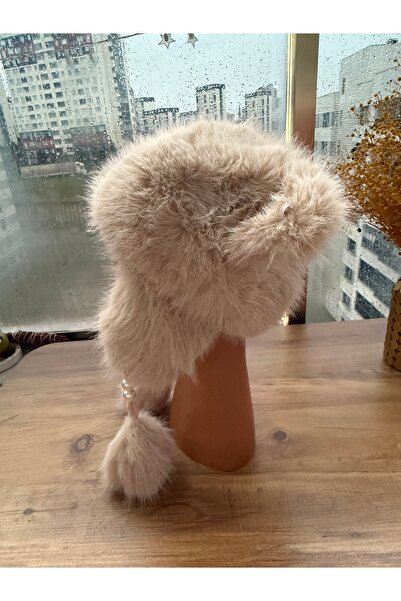 Blotch Women's Lined Beanie with Pearl Detail Covering the Ears, Cream Tail Detail, Plush Pompom Beanie