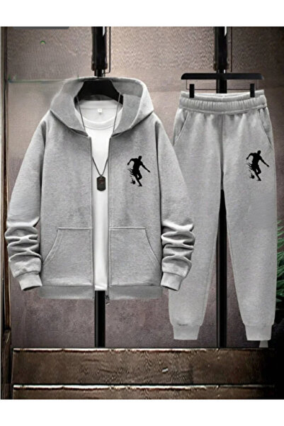 ALCİNOUS Basketball Silhouette Printed Tracksuit Set Hooded Zippered Sweat Jacket&Jogger Sweatpants