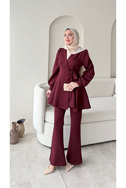 RFK Butik Women's Side Tie New Season Scuba Suit - Burgundy