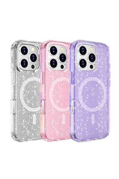 zore iPhone 16 Pro Max Kılıf Magsafe Şarj Özellikli Parlayan Simli Saydam Ren...