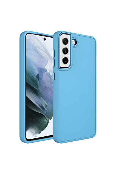 zore Galaxy S21 Fe Compatible Silicone Asma Luna Case with Metal Frame and Button Design-Sierra Blue