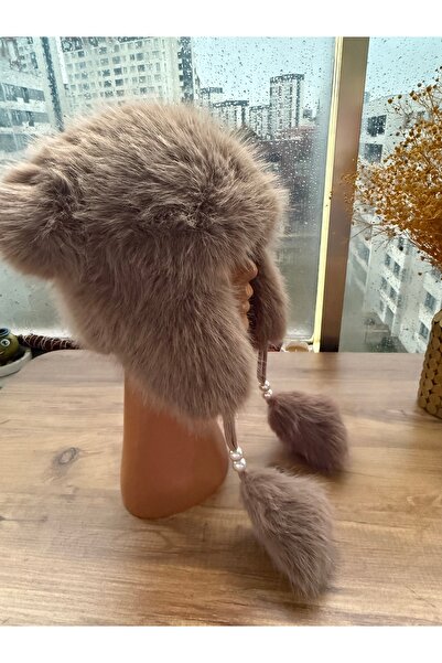 Blotch Women's Cold-Protecting Lined Beanie with Pearl Detail, Camel Plush Pompom Beanie