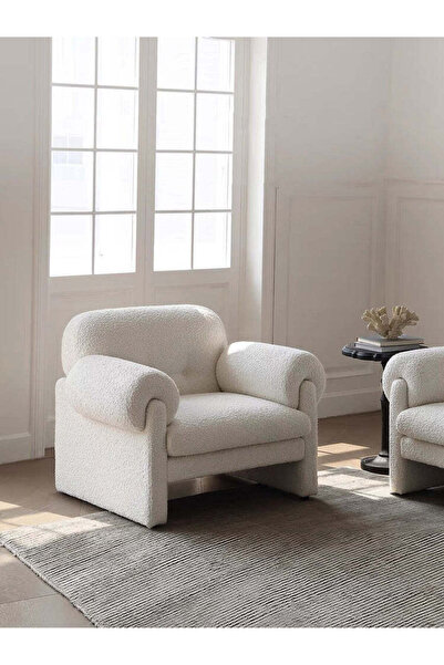 homejoyz | كرسي عصري - قماش بوكلي مع إسفنج أخضر وخشب سويدي - أبيض